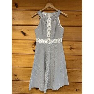 London Times 6 Seersucker Sleeveless Dress Lace Accent  Womens Gray White Stripe